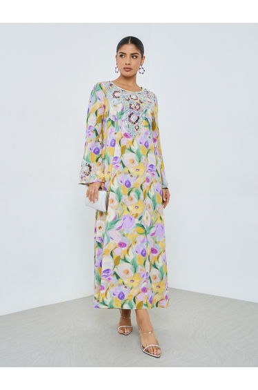 Floral Print Beaded Mukhawar Jalabiya