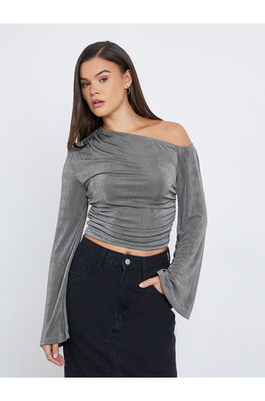 Women Charcoal One Shoulder Crop Top