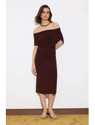 Brown Bodycon Carmen Collar Sleeveless Stretchy Knitted Dress - 1