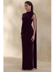 Oliria | Dark Plum High-Neck Maxi Dress With One-Long Sleeve And Sash-Detail - 3