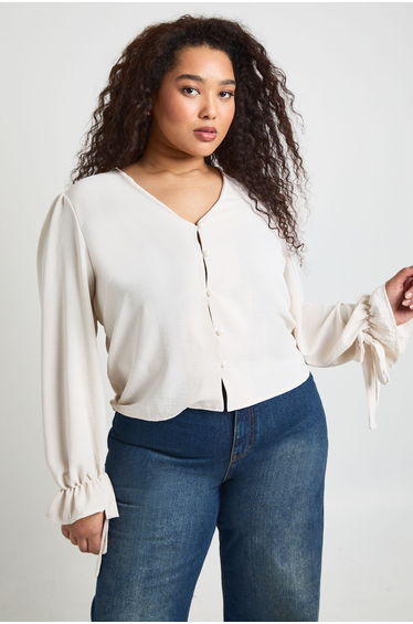 Plus Button Front Toe Sleeve Blouse - ivory