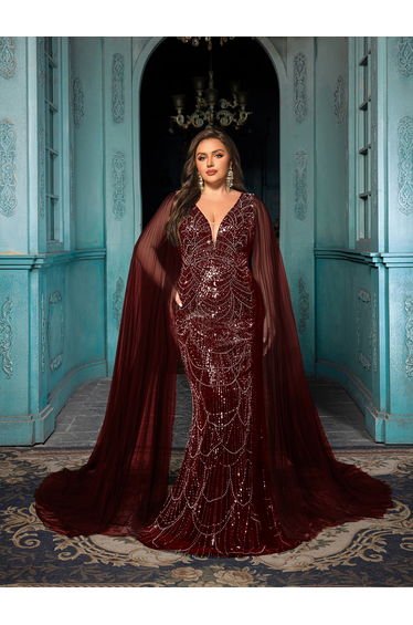 Gorgeous Stunning Beaded Patchwork Mesh Cape Sleeve Women Gown Dresses