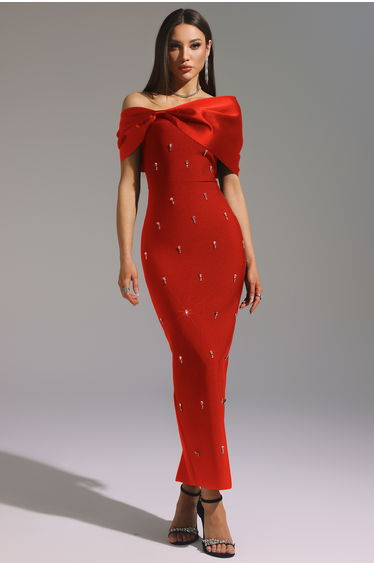 Palez Sleeveless One Shoulder Diamond Bow Bandage Maxi Dress