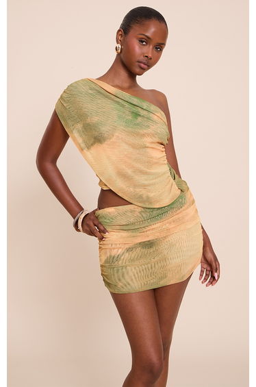 Green Abstract Print Mesh Ruched Mini Skirt