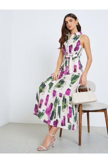 Women Brushstroke Print Sleeveless Shirt Maxi Dress
