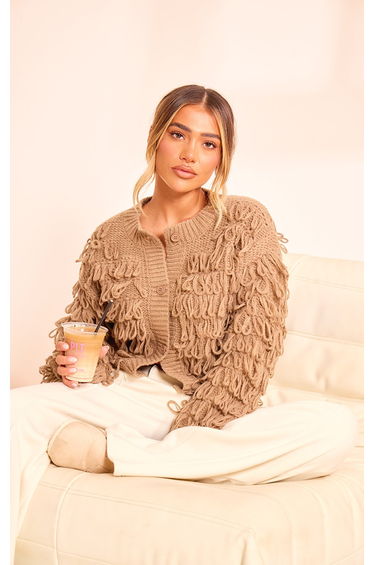 Taupe Loop Knit Crew Neck Button Up Cardigan