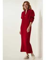 Women's Red Ribbed Oversize Knitwear Dress