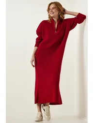 Women's Red Ribbed Oversize Knitwear Dress - 2