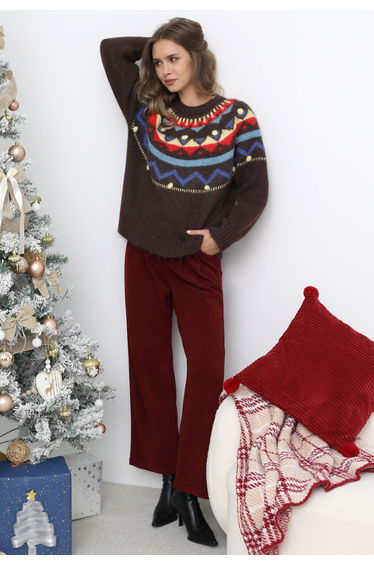 Pom-Pom Nordic Geometric Pattern Knit Sweater in Brown