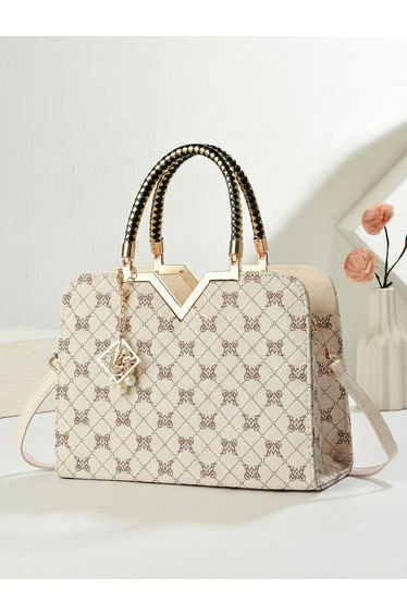 Printed Dual Handle Handbag with Drop Charm
