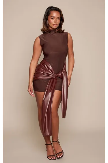Shape Chocolate Contrast Pu Wrap Mini Dress