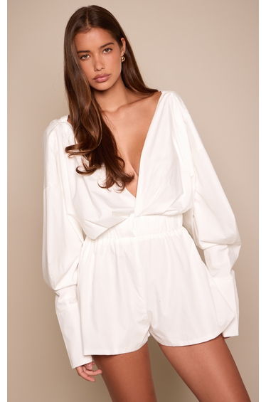 White Cotton Plunge Shirt Playsuit