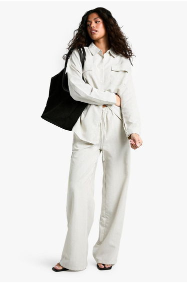 Striped Peached Drawstring Waist Wide Leg Trouser - stone