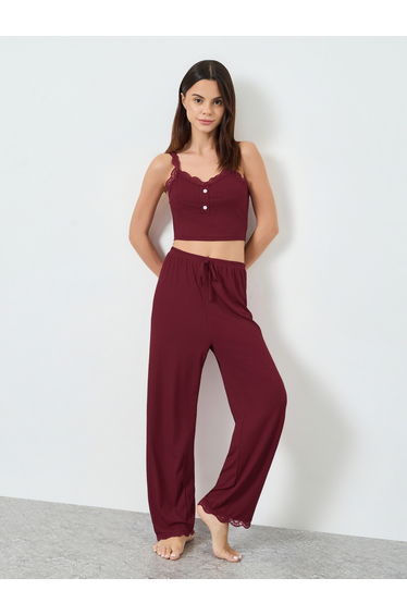 Burgundy Lace Trim Crop Cami and Pyjama Set