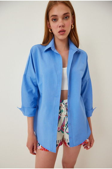 Women's Medium Blue Oversize Long Basic Shirt