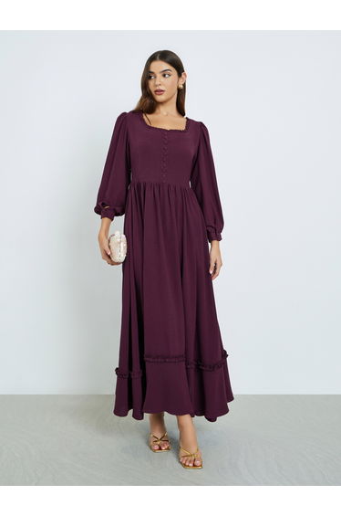 Square Neck Maxi Dress with Long Sleeves