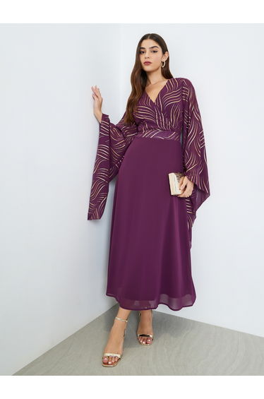 Women Purple Printed Bell Sleeve A-Line Maxi Dress