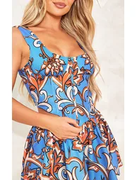 Blue Floral Print Linen Look Corset - 3