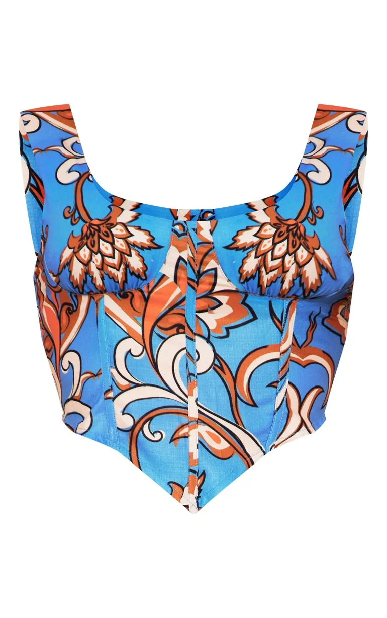 Blue Floral Print Linen Look Corset - 4