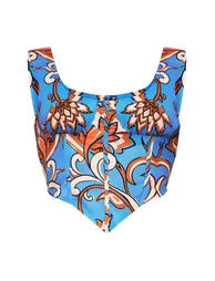 Blue Floral Print Linen Look Corset - 4