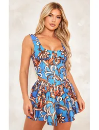 Blue Floral Print Linen Look Corset