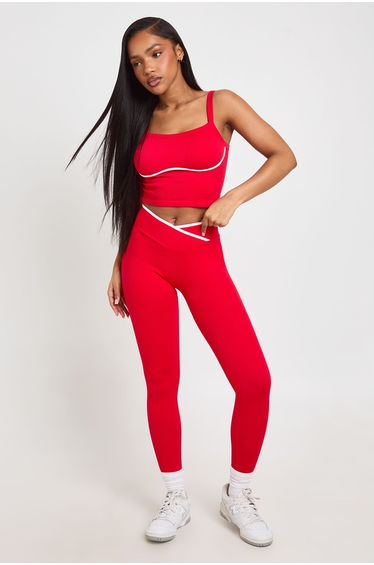 Contour Ribbed Seamless Contrast Bum Scrunch Wrap Active Leggings - red