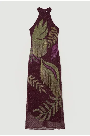 Petite Tropical Beaded Strappy Back Woven Halter Maxi Dress