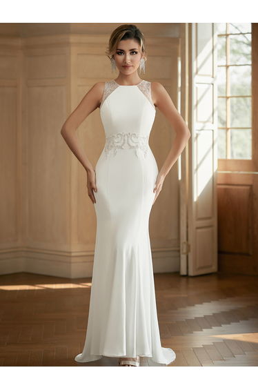Leely Elegant White Beaded Embellished Mermaid-Style Guest Gown for Weddings
