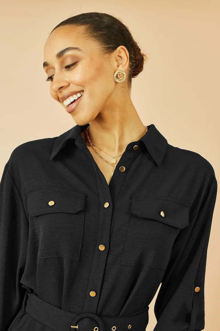 Yumi Black Stretch Midi Shirt Dress - 1