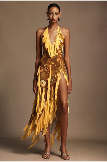 Uri Halter Sleeveless Flounce Printing Maxi Dress