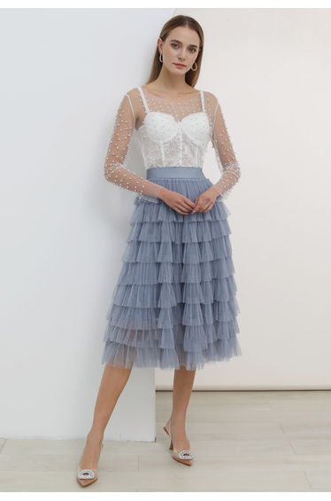 Full Pearl Embellished Sheer Mesh Top in White