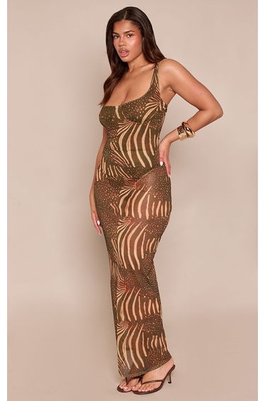 Shape Animal Print With Contrasting Bodysuit Mesh Maxi Dress