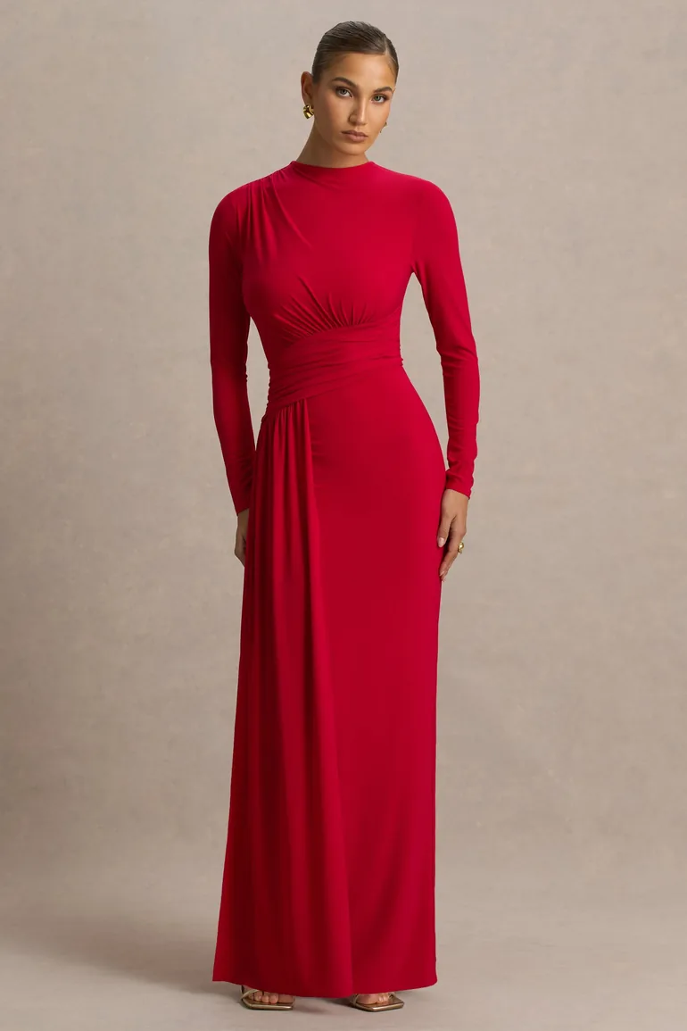 Virelle | Red Boat-Neck Maxi Dress With Drop-Waist - 3