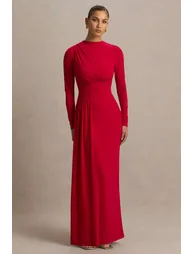 Virelle | Red Boat-Neck Maxi Dress With Drop-Waist - 4