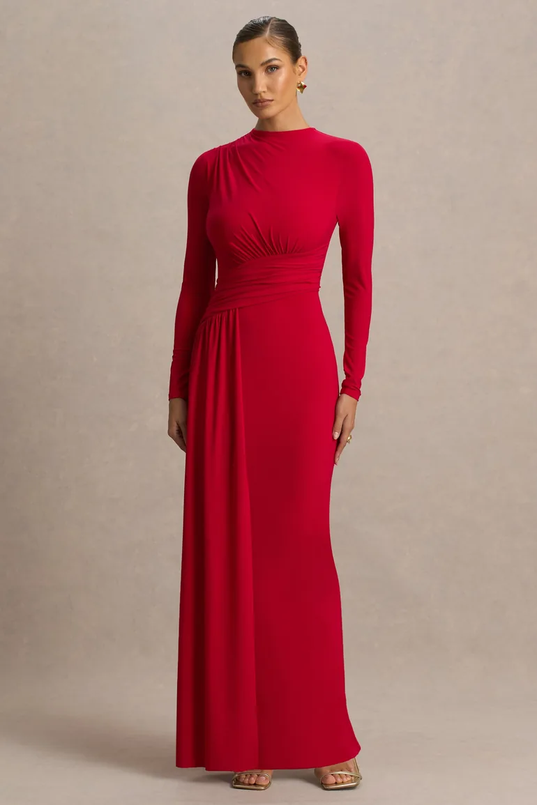 Virelle | Red Boat-Neck Maxi Dress With Drop-Waist