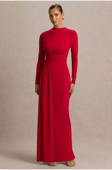 Virelle | Red Boat-Neck Maxi Dress With Drop-Waist
