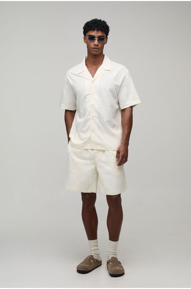 Homme Racing Back Print Oversized Shirt & Short Set - ecru