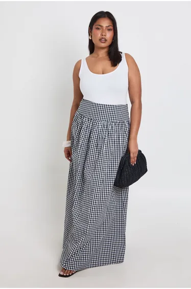 Plus Gingham Poplin Maxi Skirt - black