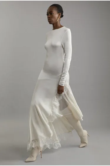 Viscose Blend Slinky Sheer Lace Detail Asymmetric Knit Dress