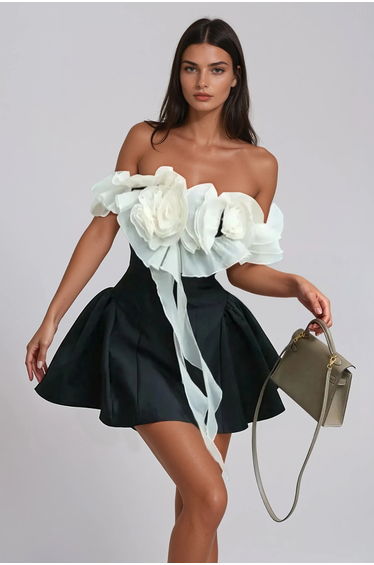 Florus Flower Off Shoulder Puffy Mini Dress