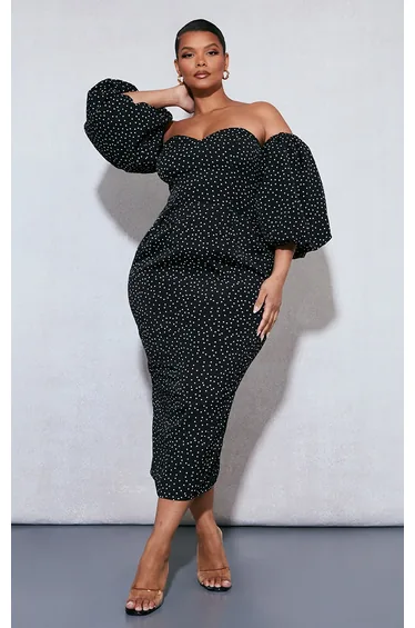 Plus Black Polka Dot Bandeau Puff Sleeve Midi Dress