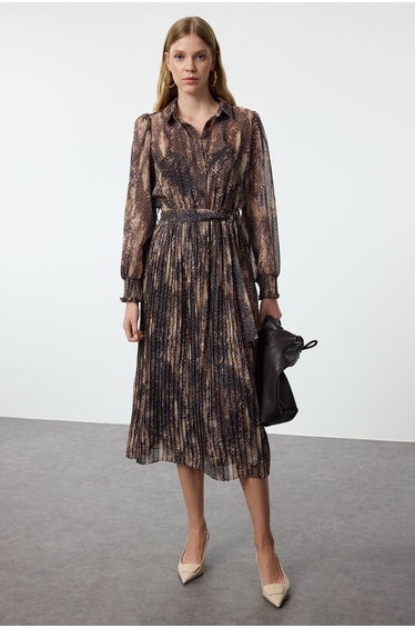 Brown Animal Patterned Pleated Detailed Lined Maxi Woven Dress