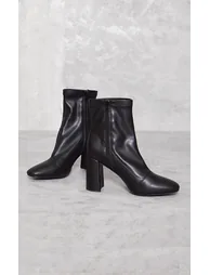 Black PU Round Toe Heeled Ankle Sock Boots