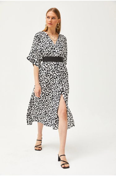 Women's Black Double Breasted Neck Batch Waist Elastic Woven Dress