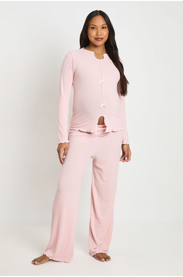 Maternity Rib Bow Detail Long Sleeve Pyjama Set - pink