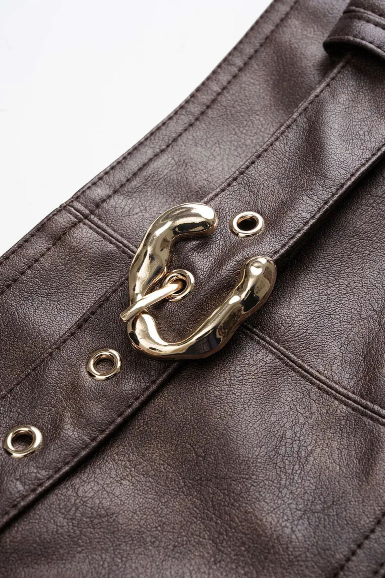 Faux Leather Pocket Belted Skirt - 3