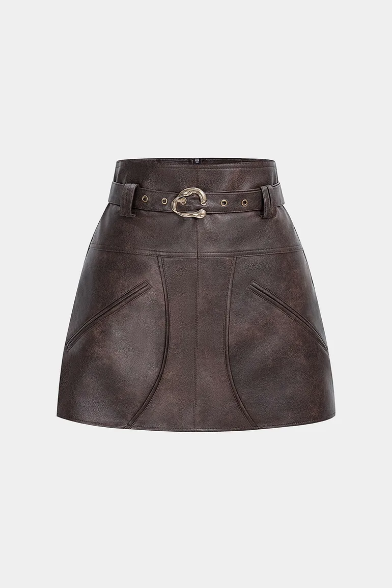 Faux Leather Pocket Belted Skirt - 1