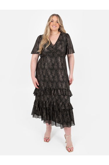 Lovedrobe Gold Foil Detail Angel Sleeve Ruffled Midaxi Dress