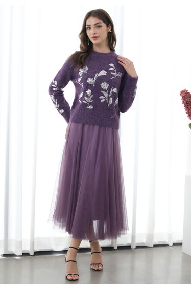 Resplendent Floral Sequin Knit Sweater in Purple