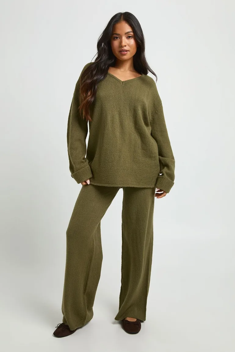 Petite V Neck Button Cuff Jumper and Wide Leg Trouser Co-Ord - khaki